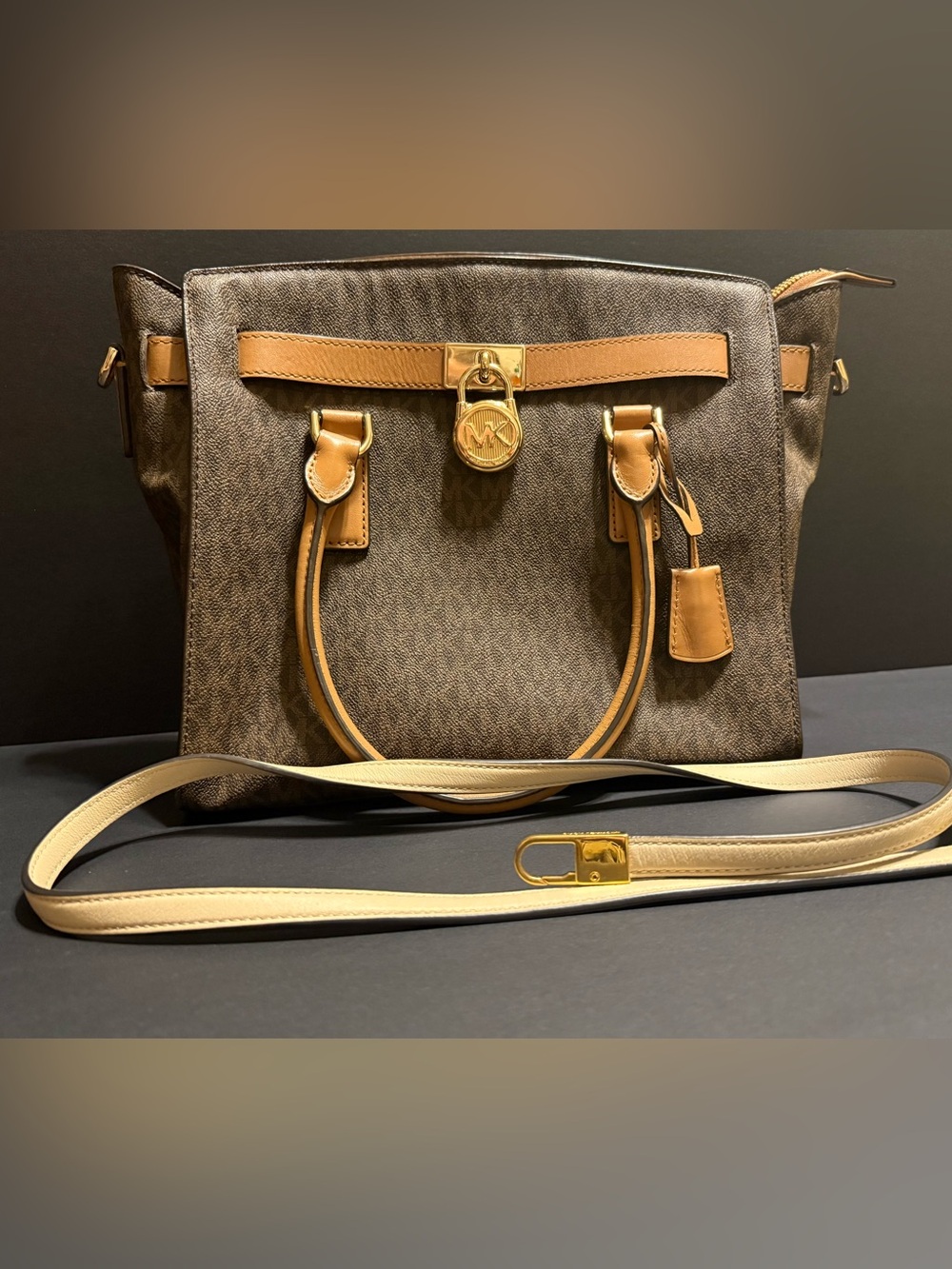 Michael Kors Brown Signature Satchel with Tan Trim and Gold Hardware